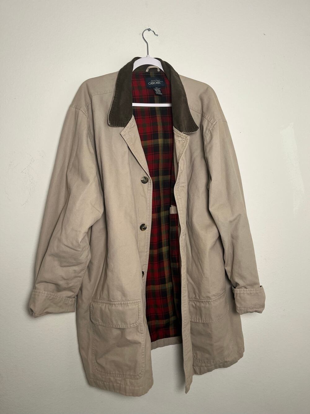 Cherokee Mens Khaki Chore Barn Coat Plaid Lined Corduroy Collar XXL